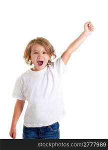 children kid screaming with happy expression hand up isolated on white