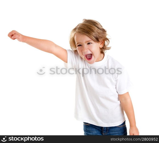 children kid screaming with happy expression hand up isolated on white