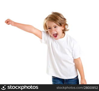 children kid screaming with happy expression hand up isolated on white