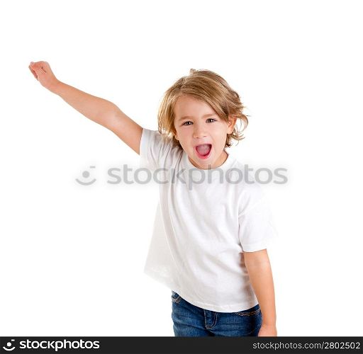 children kid screaming with happy expression hand up isolated on white