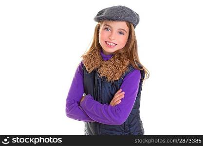 children kid winter girl with cap coat and fur smiling on white background