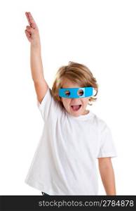 children kid with futuristic funny blue glasses happy on white background