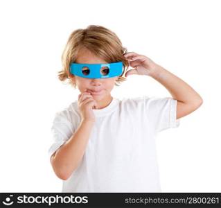 children kid with futuristic funny blue glasses happy on white background