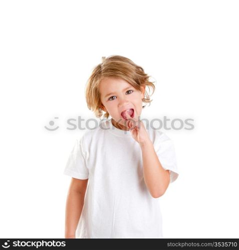 children kid with tooth ache and finger in pain teeth on white