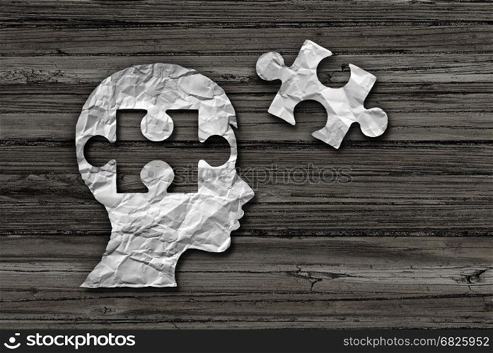 Children learning solution and early education strategy or mental health care and cognition concept as crumpled paper shaped as a child and jigsaw puzzle piece in a 3D illustration style.