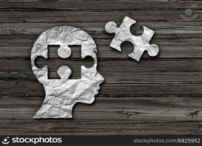 Children learning solution and early education strategy or mental health care and cognition concept as crumpled paper shaped as a child and jigsaw puzzle piece in a 3D illustration style.