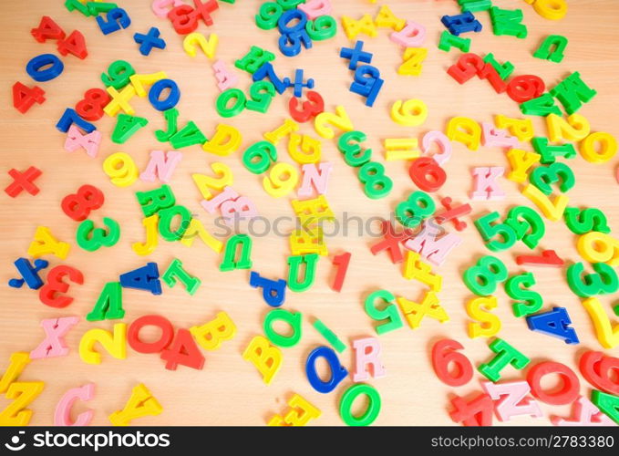 Children letters and digits on the table