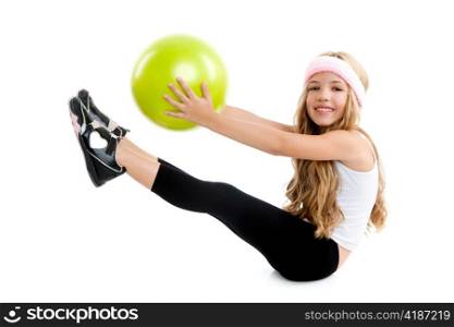 Children little gym girl with green yoga ball with pilates exercise