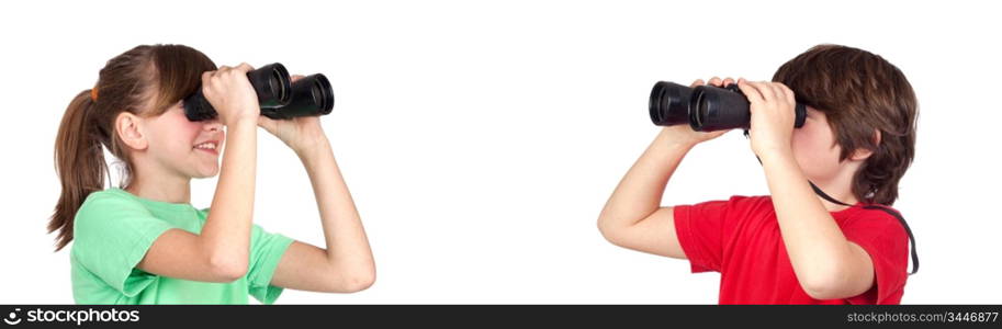 Children looking through binoculars isolated on white background