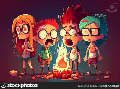 Children near the fire cartoon illustration. AI generative.