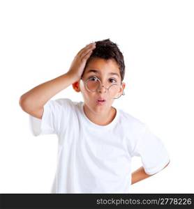children nerd kid boy with glasses and silly expression isolated on white