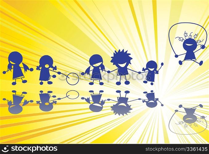 Children outline silhouettes over sunrays background
