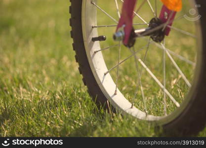Children&rsquo;s bicycle on green grass, close up photo