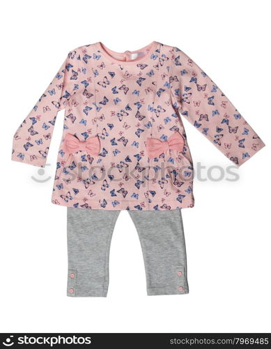 Children&rsquo;s clothing, pink sweater and gray pants. Isolate on white.