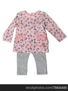 Children&rsquo;s clothing, pink sweater and gray pants. Isolate on white.