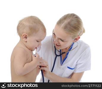 Children&rsquo;s doctor examines a boy. Isolated on white background