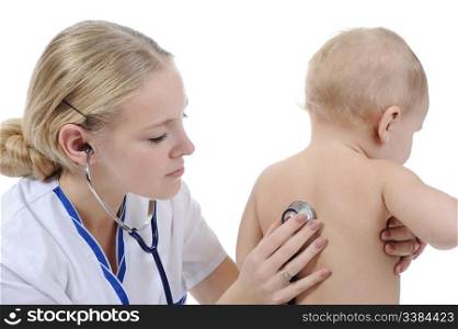 Children&rsquo;s doctor examines a boy. Isolated on white background