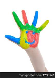 Children&rsquo;s hand in the paint. Isolated on white background