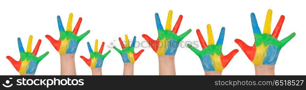 Children&rsquo;s hands full of paint . Children&rsquo;s hands full of paint isolated on a white background