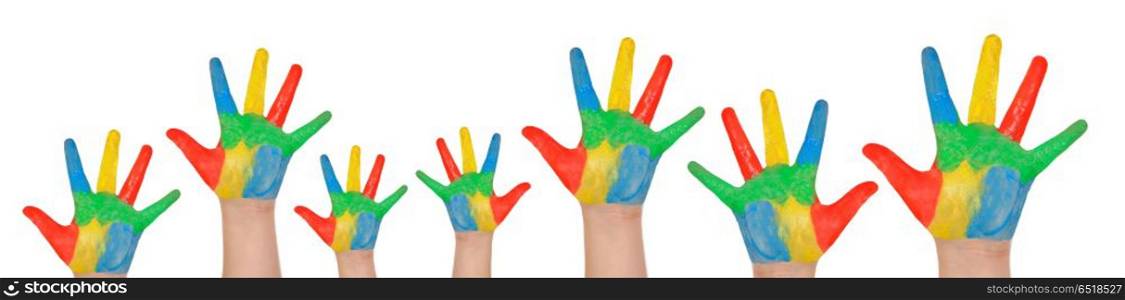 Children&rsquo;s hands full of paint . Children&rsquo;s hands full of paint isolated on a white background