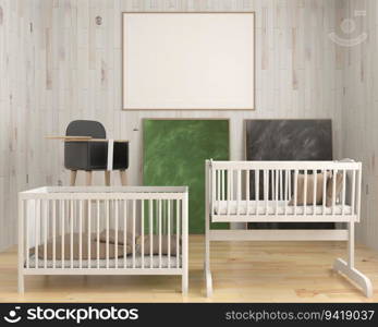 Children&rsquo;s mattress made of wood and picture frames on the wall.