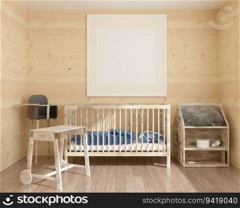 Children&rsquo;s mattress made of wood and picture frames on the wall.