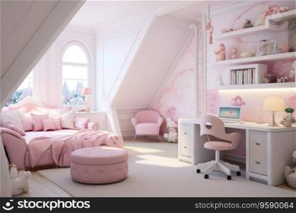 Children&rsquo;s room for girls in classic style in light pink colors and white furniture.