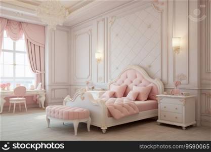 Children&rsquo;s room for girls in classic style in light pink colors and white furniture.