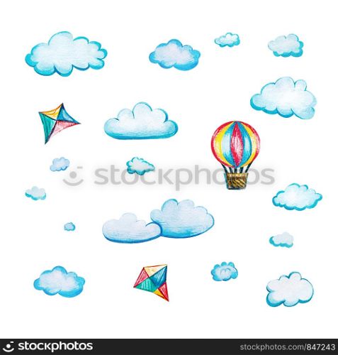 Children's watercolor set with a balloon and a kite. Watercolor illustration with clouds on white background. Aeronautics is a hobby for children.. Children's watercolor set with a balloon and a kite.