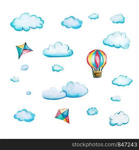 Children's watercolor set with a balloon and a kite. Watercolor illustration with clouds on white background. Aeronautics is a hobby for children.. Children's watercolor set with a balloon and a kite.