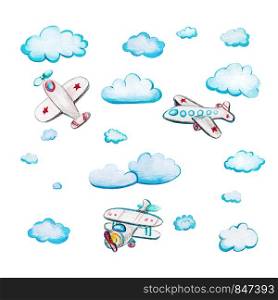 Children's watercolor set with airplanes. Watercolor illustration with airplane and clouds and on white background. Passenger planes with stars and stripes.. Children's watercolor set with airplanes and clouds.