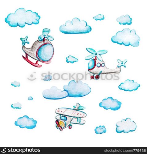 Children's watercolor set with airplanes. Watercolor illustration with airplane, helicopters and clouds and on white background. Hand-drawn color pencil picture.. Children's watercolor set with helicopters.