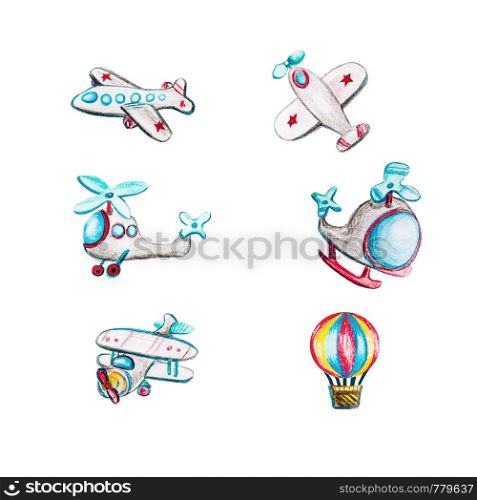 Children's watercolor set with helicopters. Watercolor illustrations with isolated airplane, helicopters, airplanes on white background. Bright striped balloon.. Children's watercolor set with helicopters.