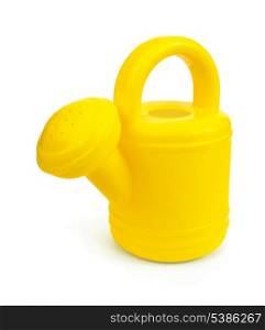 Children&rsquo;s yellow plastic watering can isolated on white