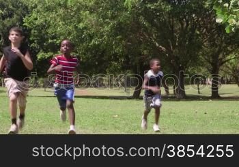 Children running and playing, group of male friends during recreation outdoor at summer camp