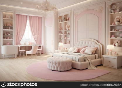 Children’s room for girls in classic style in light pink colors and white furniture.