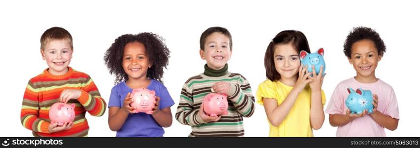 Children saving with their piggy bank isolated on a white background