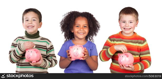 Children saving with their piggy bank isolated on a white background