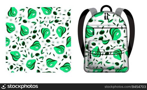 Children school backpack with decorated Avocado cutting fruit seamless pattern with leaves and flowers. Student accessories. Vector ornament for design of posters and printing on textile
