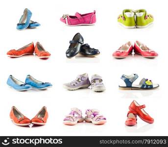 children shoes isolated on white background. collection of different shoes.