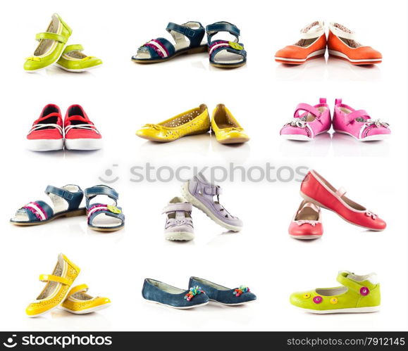 children shoes isolated on white background. collection of different shoes.