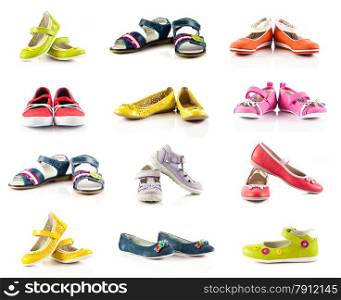 children shoes isolated on white background. collection of different shoes.