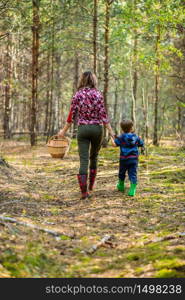 Children walk in the forest with canes. Mushroom picking in the forest.. family walks in the forest