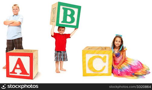 Children with ABC spelled out in colorful alphbet blocks over white.