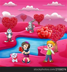 Childrens cartoons celebrate valentine day with many animal