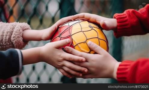 childrens hands on ball, play ball game with friends generative ai.