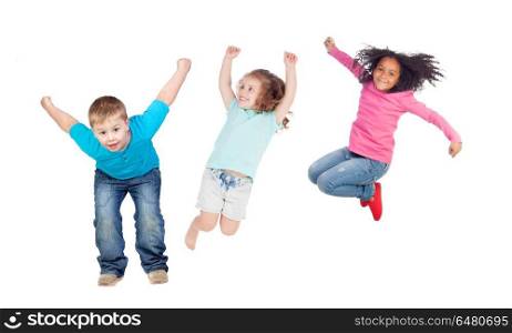 Childrens jumping at once. Childrens jumping toguether isolated on a white background