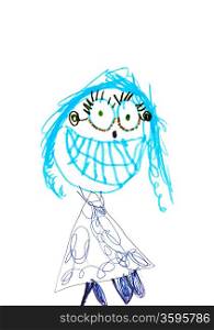 childs drawing - funny girl with broad smile