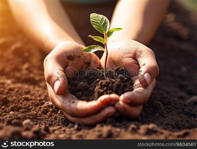 Childs hands putting small plant in soil.New life beginning concept.AI Generative