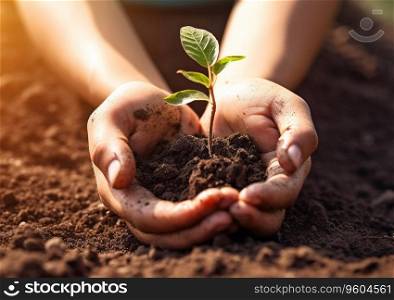 Childs hands putting small plant in soil.New life beginning concept.AI Generative